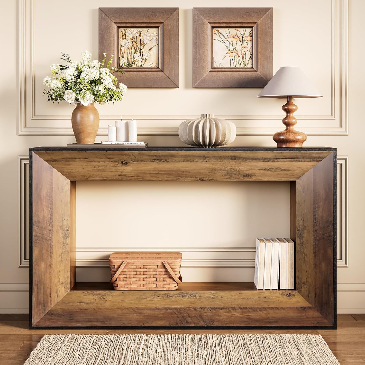 55" Console Table, 2-Tier Farmhouse Sofa Table Behind Couch